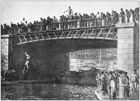 Antique photo: Diving and swimming into canal Saint Martin