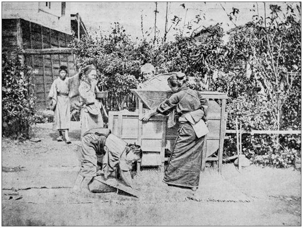 Antique photograph: Japanese workers Antique photograph: Japanese workers japanese culture photos stock illustrations