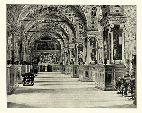 Antique photograph of in the Vatican library, Rome, 19th Century