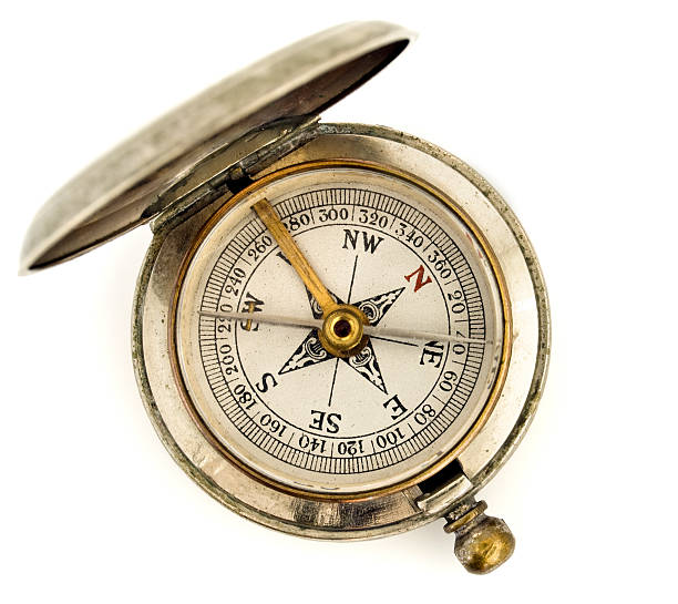 Antique pocket compass on white stock photo