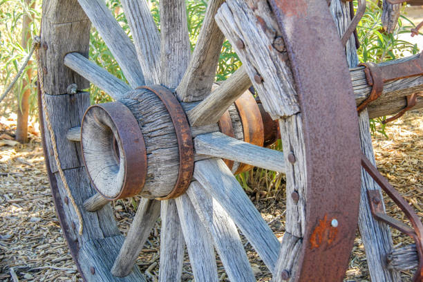 Antique rustic wood and metal wagon wheel stock photo