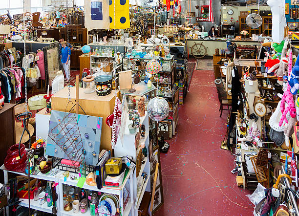 Antique Store A wide view from above in an antique store. reselling bussiness stock pictures, royalty-free photos & images
