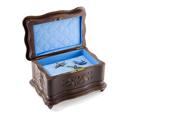 Antique wooden musical jewellery box containing brooches An antique wooden musical jewelery box with its lid open. The inside is padded with a pastel blue quilted fabric and old-fashioned brooches are seen within. Isolated on a white background, with clipping path. jewelry treasure chest gold crate stock pictures, royalty-free photos & images