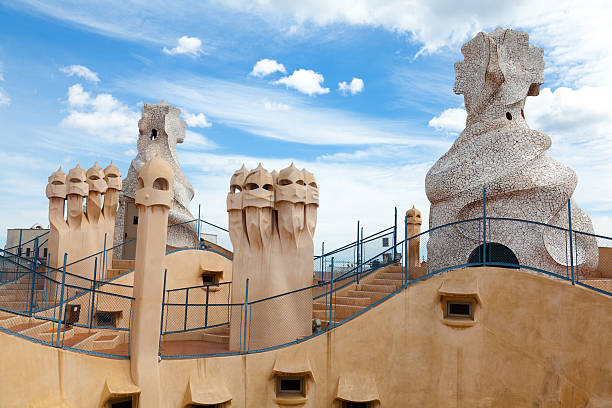 Antoni Gaudi's work at the roof of Casa Mila Barcelona, Spain - April 14, 2012: Antoni Gaudi's work at the roof of Casa Mila on Apr 14, 2012 in Barcelona, Spain. Popularly known as La Pedrera, this modernist house was built between 1906 and 1910. casa milà stock pictures, royalty-free photos & images
