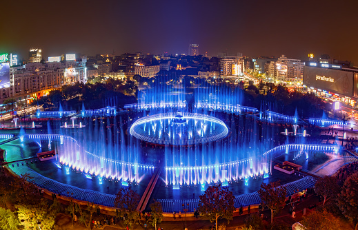 Apa Nova new artesian fountain inauguration in Bucharest at night