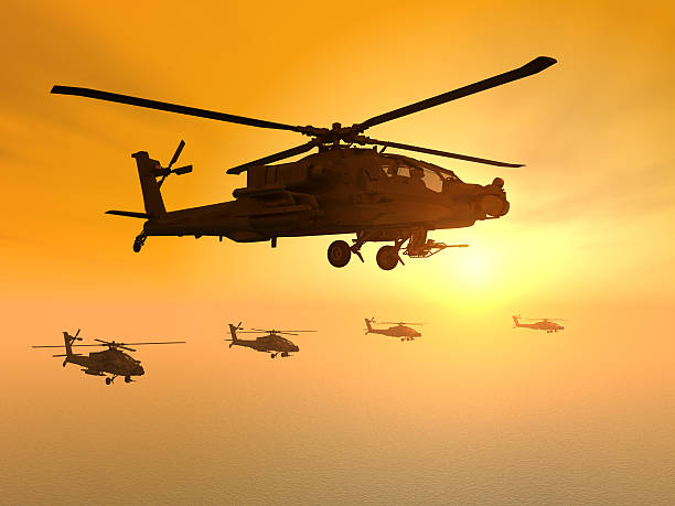 Apache Helicopters Computer generated 3D illustration with Apache Helicopters at sunset military helicopter stock pictures, royalty-free photos & images