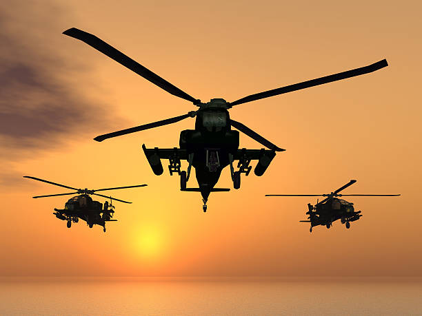 Apache Helicopters Computer generated 3D illustration with Apache helicopters at sunset us military stock pictures, royalty-free photos & images
