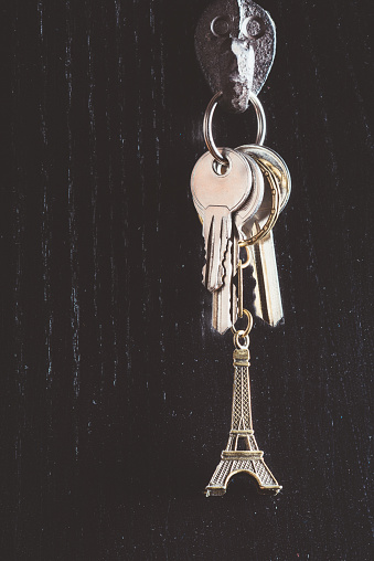 Home keys with Eiffel Tower key ring, on a metal hanger