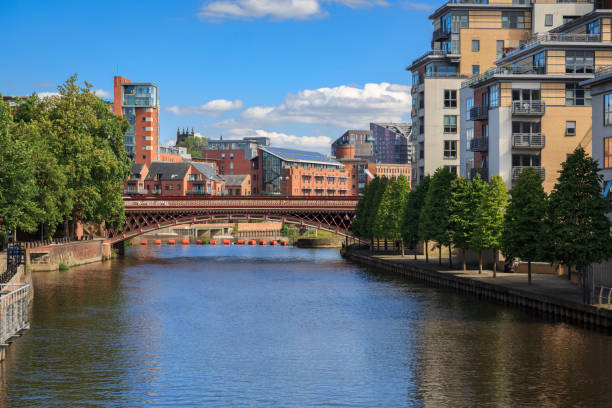 Apartments along the river Aire in the centre Leeds stock photo