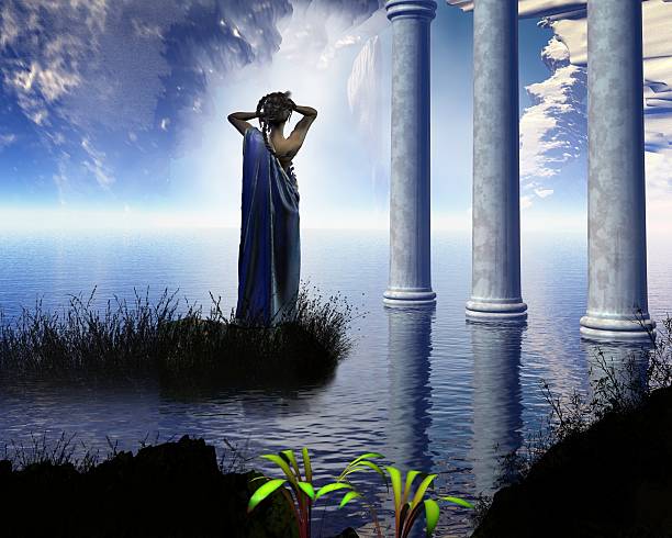 Aphrodite's Grotto Aphrodite the Greek goddess of love, known to the Romans as Venus, standing in a temple grotto, 3d digitally rendered illustration goddess stock pictures, royalty-free photos & images