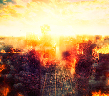Apocalypse Burning City Fire Explosion Stock Photo - Download Image Now ...