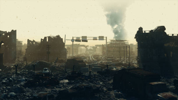Apocalypse survivor concept, Ruins of a city. Apocalyptic wasteland landscape stock photo