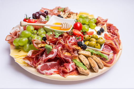 Assortment of meat snacks on the Board with olives and Parmesan.Appetizers with differents antipasti