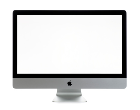 San Diego, California, United States - November 23rd 2011: This is a angled view of the 27 inch Apple iMac. The iMac is a self contained personal computer and has won numerous awards for its elegant design. The iMac was photographed in the studio on a white background and is displaying a white screen.