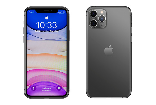 New York, USA- November 24, 2019: Front and rear side of Apple iPhone 11 Pro Gray smartphone on white background. iPhone 11 was released on September 20, 2019.