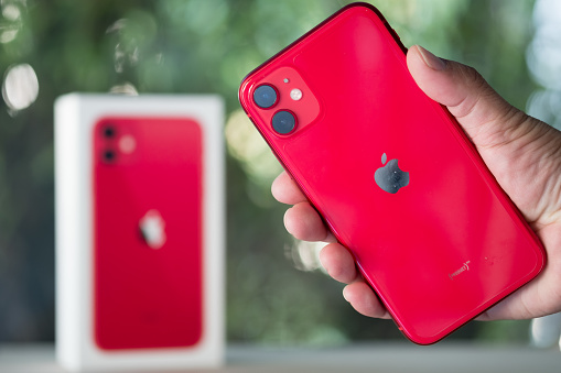 Apple Iphone 11 Product Red In Hand On Nature Background Closeup Of A New Smartphone From Apple And A Box Stock Photo Download Image Now Istock