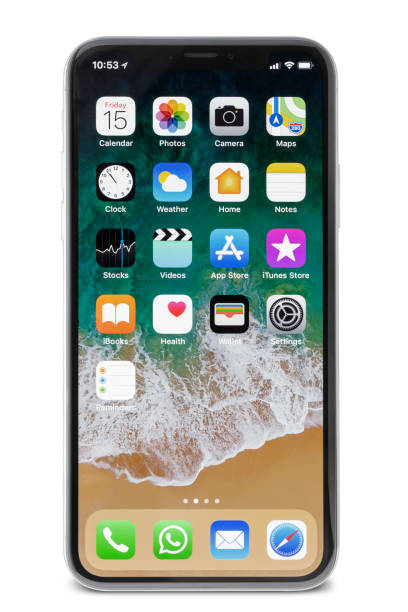 Apple iPhone X Silver Home Screen Istanbul, Turkey - December 15,2017 : Studio shot of iPhone X Space Gray on white background.This is the newest product of Apple with 5.8 inch display, face detection and made entirely of glass.The front is only a display without fingerprint button.Unlocking of the phone is possible only with the detection of the owner’s face. iphone mockup stock pictures, royalty-free photos & images