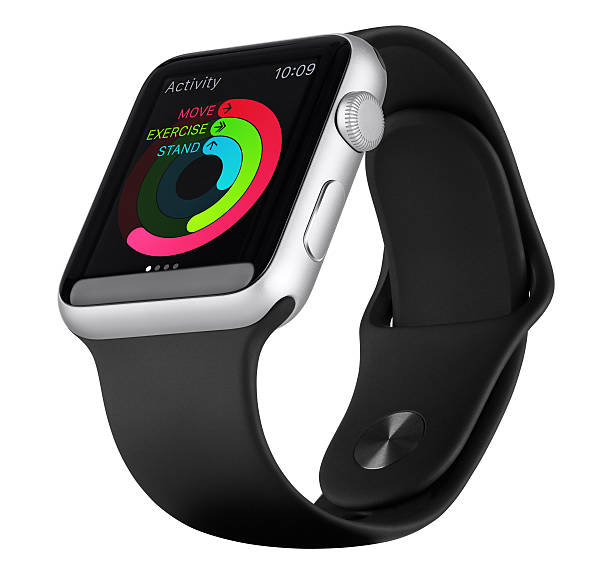 Apple Watch Sport 42mm Silver Aluminum Case with Black Band stock photo