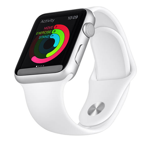 Apple Watch Sport 42mm Silver Aluminum Case with White Band stock photo
