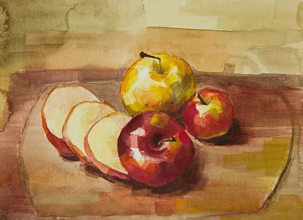 apples on cutting board still life watercolor painting - stilleben bildbanksfoton och bilder