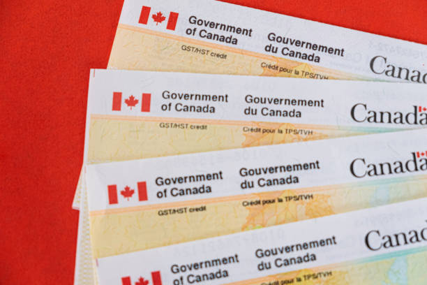 April 17 2020 - Calgary, Alberta Canada - Revenue Canada GST credit cheques to simulate economy during Covid-19 Pandemic stock photo