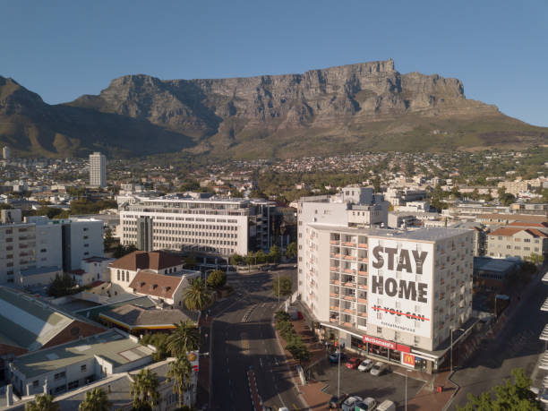 2 April 2020 - Cape Town, South Africa: Aerial view of empty streets in Cape Town, South Africa during the Covid 19 lockdown.  south africa covid stock pictures, royalty-free photos & images