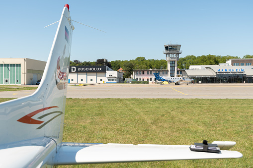 Mannheim, Germany, July 8, 2022 View over the parking area at the local airport on a sunny day