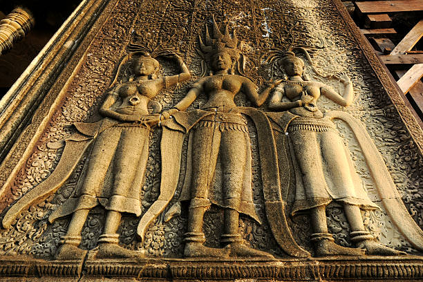 Apsara Dancing Carvings at Angkor Wat Wall stock photo