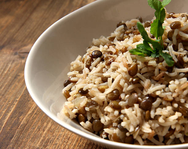 Arab dish Majadra: Green Lentils and Rice. stock photo