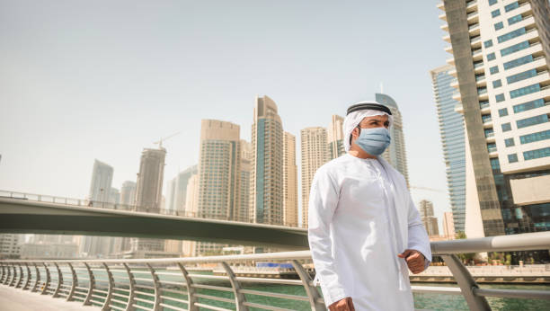 arab man walking in Dubai with face mask