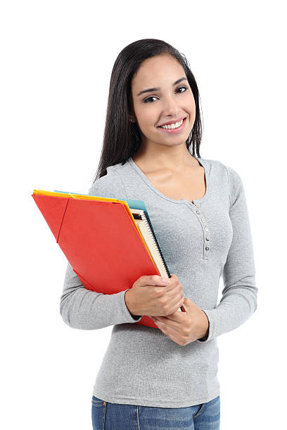 arab student teenager girl posing with folders - arabic student stockfoto's en -beelden