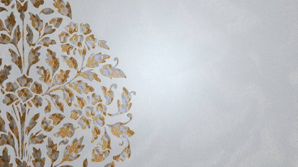 Arabesque Horizontal Gold and White Floral Paper Cut Silhouette Star Pattern Banner Background with Copy Space Traditional Islamic design white Arabic floral ornament on gold geometric stars pattern 3D illustration. Arabesque graphic decorative paper cut silhouette banner background for Ramadan, Eid ul Adha. eid al adha stock pictures, royalty-free photos & images