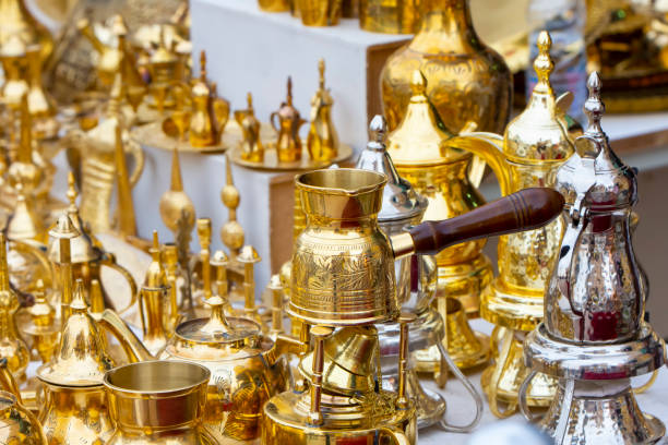 Arabian coffee in Saudi Arabia copper utensils stock photo
