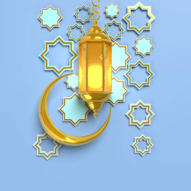 Arabic Geometric Stars Lantern and Crescent on Blue Arabic geometric star ornament, lantern, crescent on blue background. Creative concept of islamic celebration month Ramadan, Ramadan Kareem or Eid al Fitr Adha. Ramadan concept. High quality 3D render easy to crop and cut out for social media, print and all other design needs. eid al adha stock pictures, royalty-free photos & images
