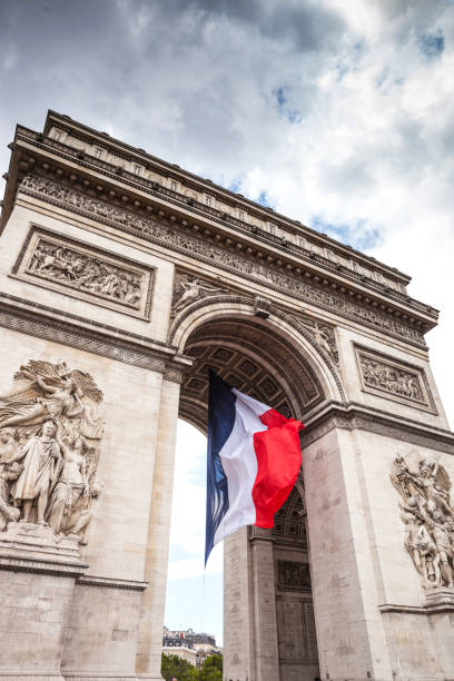 Arc de Triomphe in Paris with a big French flag under it