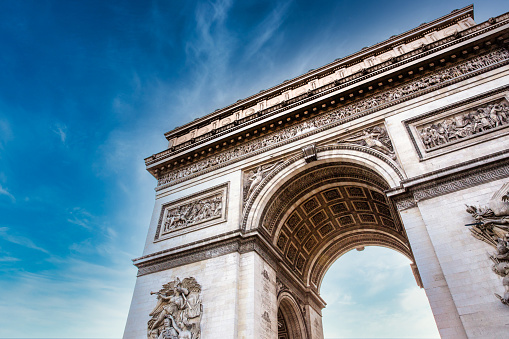 The Arc de Triomphe in Paris France on a bright summer day.