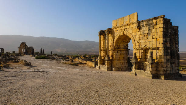 Arch of Caracalla (Triumphal Arch) at Volubilis, an ancient Roman city in Morocco stock photo