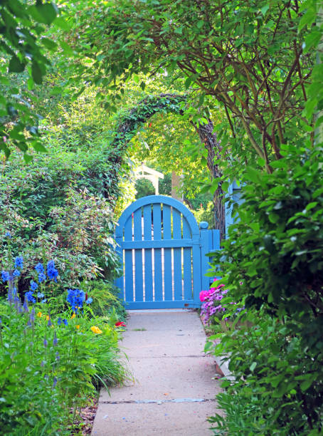 Arched blue garden entrance gate with summer flowers Arched blue garden entrance gate with summer flowers garden path stock pictures, royalty-free photos & images