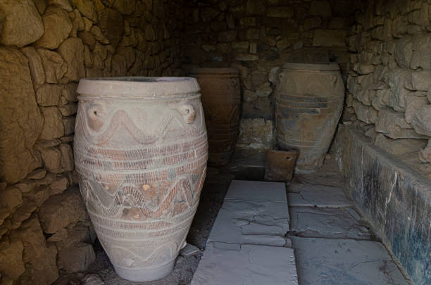 archeology warehouse with ancient Minoan giant pots stock photo