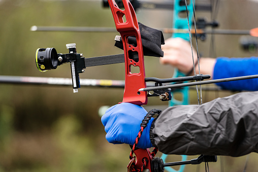Close-up of the hand with blue glove of an archer aiming with his red hunting compound bow, on a cold winter day. Blurred vegetation in the background.