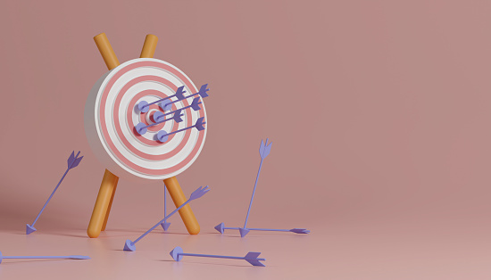 3d rendering archery target with purple arrows on pink background. Concept accuracy and precision.
