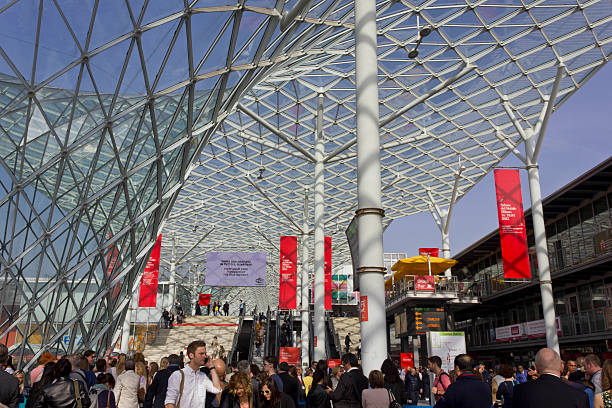 Architectural view of the covered glass roof of Fiera Milano stock photo