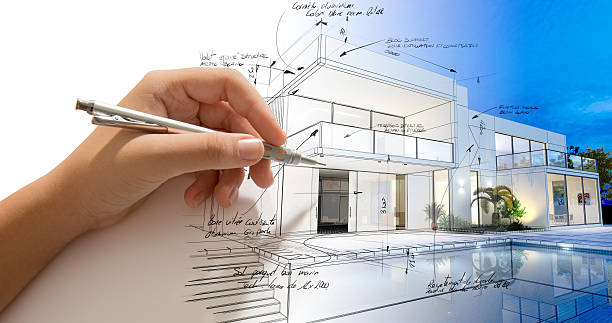 Architecture creative process Hand drafting a design villa and the building becoming real fashion sketch stock pictures, royalty-free photos & images
