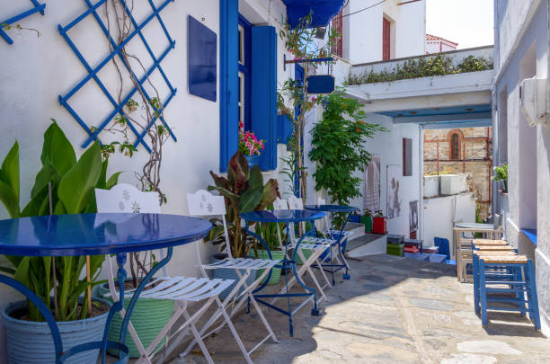 Architecture in the Chora village of Skopelos island, Greece stock photo