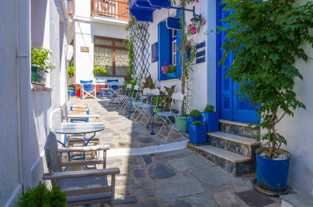 Architecture in the Chora village of Skopelos island, Greece stock photo