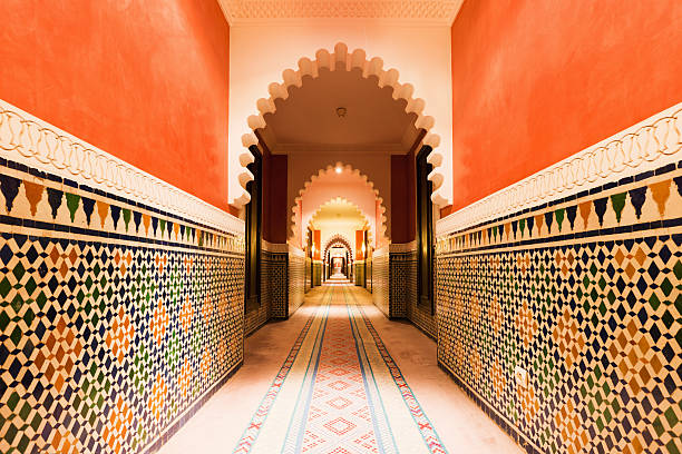 Architecture Moroccan Archway with Ornamental Tiles Interior Design "Beautiful ornamental tiles, Arabian architecture interior design, Marrakech, Morocco." marrakesh stock pictures, royalty-free photos & images
