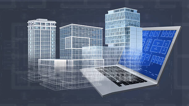 architecture project blueprint background with 3d buildings model and computer - data center stok fotoğraflar ve resimler