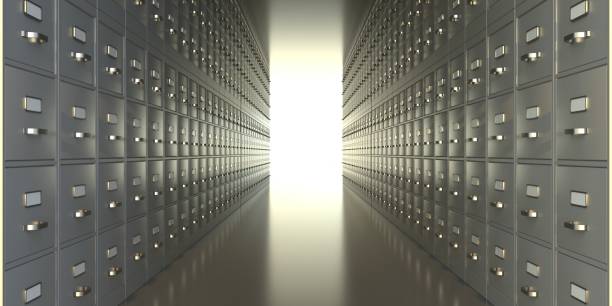 Archive file cabinets storage room. Metal drawers corridor. 3d illustration stock photo