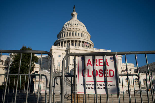 Area Closed Sign- Capitol Building, Washington D.C. - Security Risk Post January 6th Riot Area Closed - Capitol Building, Washington D.C. - Security Risk Post January 6th Riot riot stock pictures, royalty-free photos & images