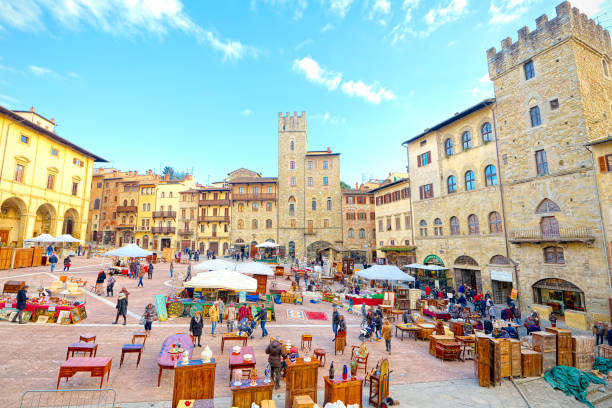 Arezzo (Tuscany), Italy: Antiques fair in the Tournament Square (super wide angle) stock photo